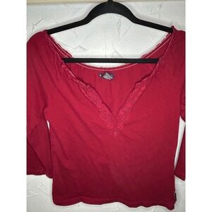 Vintage Abercrombie & Fitch Womens Red‎ 3/4 Sleeve Top Embroidered V Neck